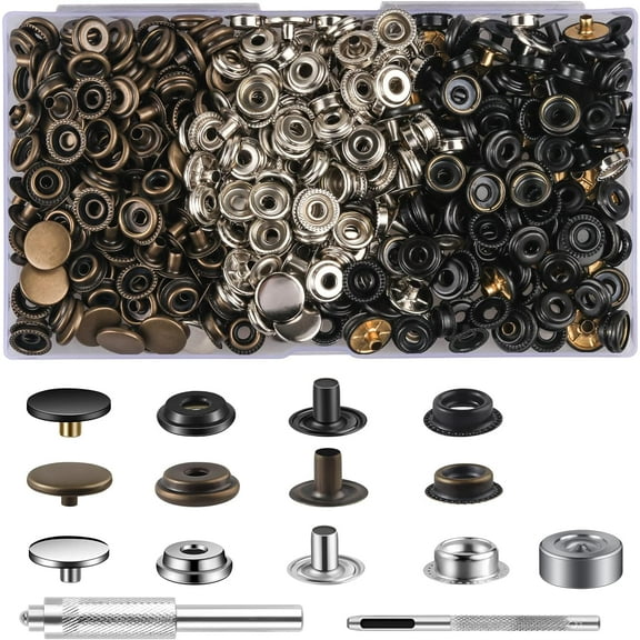 105 Sets Press Studs Cap Button, Stainless Steel Snap Fasteners Kit with Hand Fixing Tools, Instant Metal Buttons No-Sew Clips Snap for Bags, Jeans, Clothes, Fabric(Black Silver Bronze)