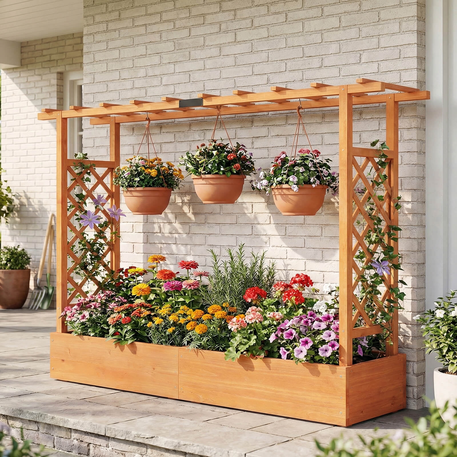 Costway 2 PCS Wooden Raised Garden Bed with Trellis Hanging Roof Drainage Holes for Flowers Orange