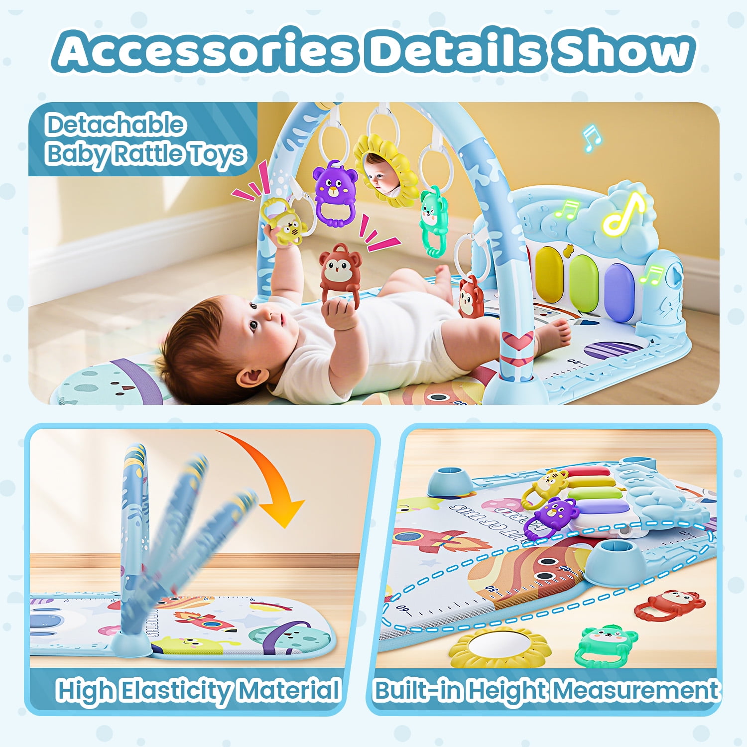 WonderStone Baby Gym Playmat for Infant,Tummy Time Water Mat with 5 Infant Sensory Baby Toys & Musical Piano Activity for 0-36 Months Boys Girls，Blue