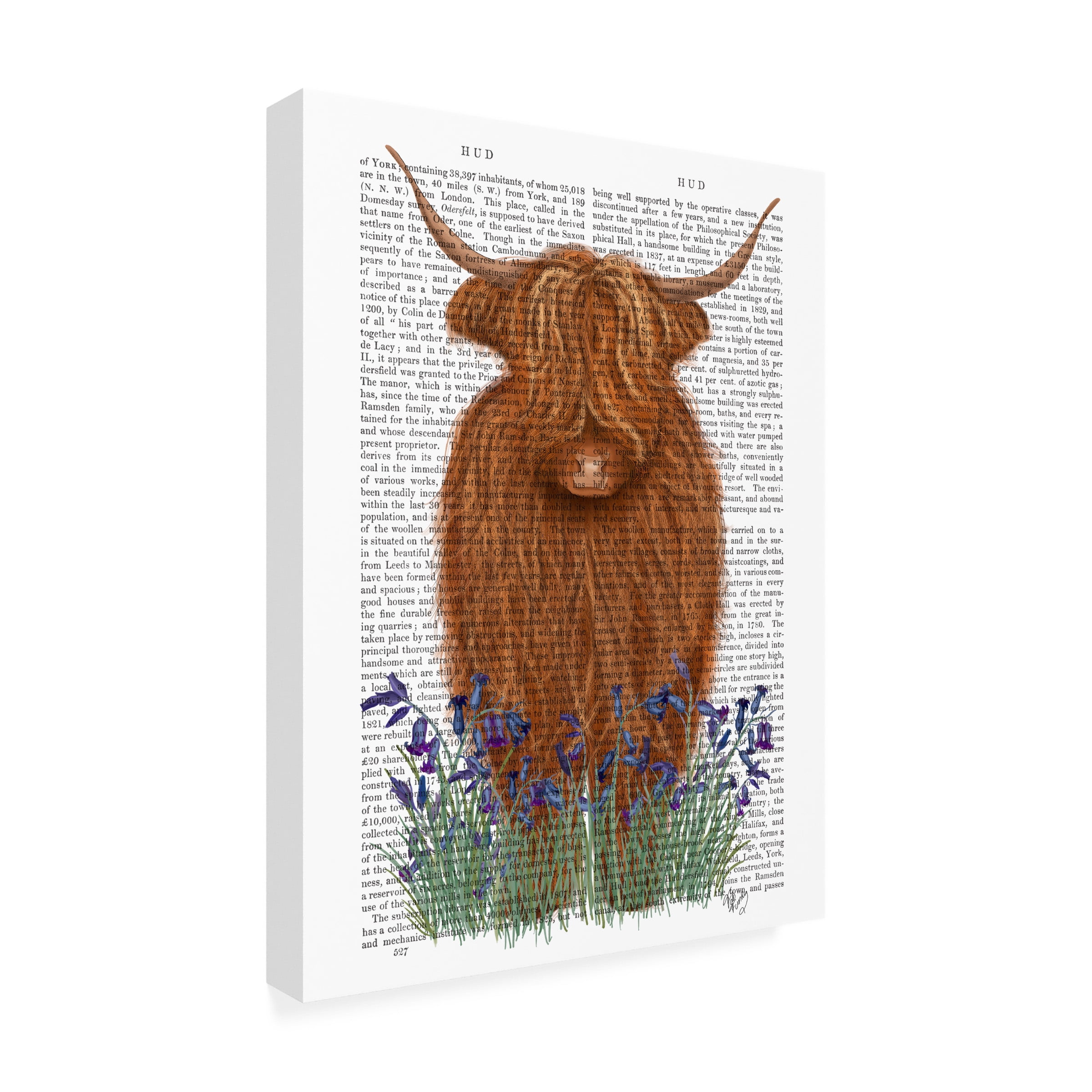 Fab Funky 'Highland Cow Bluebell Book Print' Canvas Art