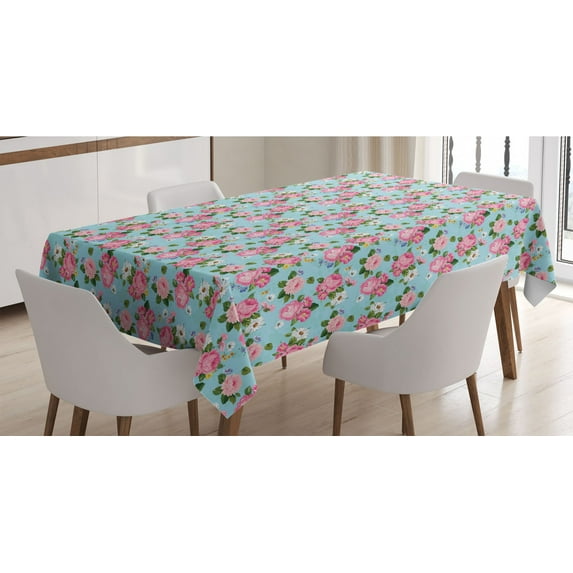 Peony Tablecloth, Colorful Flowers Bouquet Simple Romantic Pattern, Rectangle Satin Table Cover Accent for Dining Room and Kitchen, 52" X 70", Blue Rose, by Ambesonne