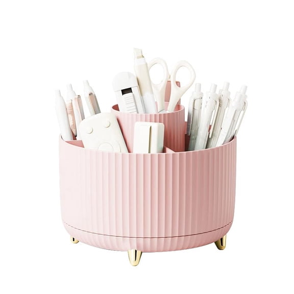 360° Rotating Makeup Brush Holder Organizer, 5 Slot Cosmetic Brush Cup for Nail Polish & Art Supplies, Pink Desktop Vanity Storage