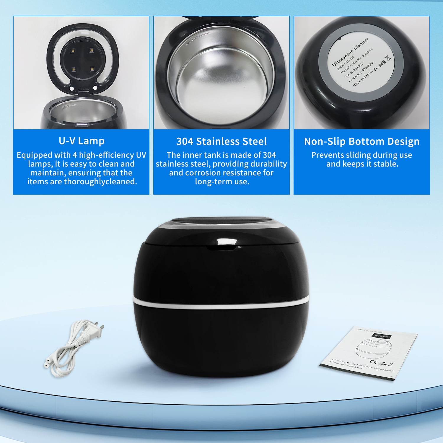 Gowinsee Ultrasonic Denture Cleaner, Ultrasonic Jewelry Cleaner, 42 kHz, Stainless Steel, Black