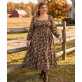 thumbnail image 3 of CASSIE LIZ Womens Dresses Plus Size 5X Long Sleeve Boho Square Neck Bubble Sleeve Brown Flowing Winter Maxi Dresses Holiday Wedding Date Guest 5XL 26W 28W, 3 of 9