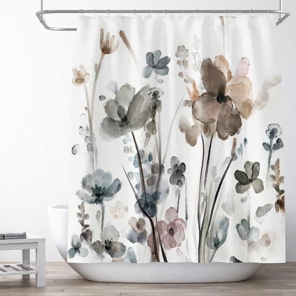 Flower Shower Curtain Set Modern Floral Shower Curtains Cream White Grey Botanical Farmhouse Fabric Shower Curtains for Bathroom Home Hotel Plants Curtains for Bathtube 72 x 72 Inches With Hooks