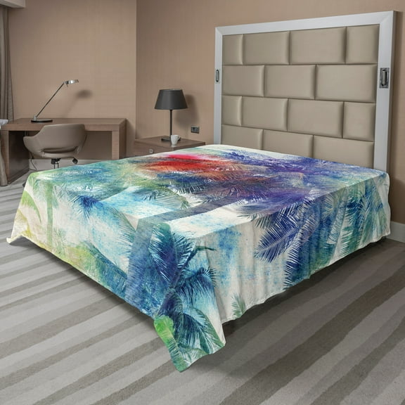 Ambesonne Tropical Flat Sheet, Watercolor Palm Retro, Queen Size, Multicolor