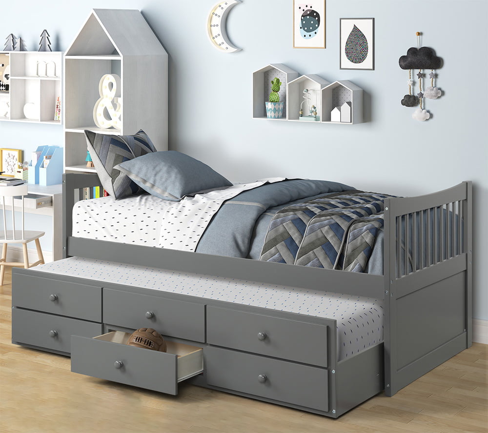Gray Twin Bed Frame with Drawers, Kids Captain's Bed with ...
