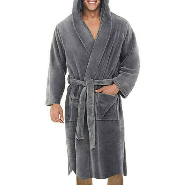 LUXUR Men Dressing Gown Hooded Wrap Robe Long Sleeve Bath Robes Plain Nightwear Solid Color Towelling Gray XL