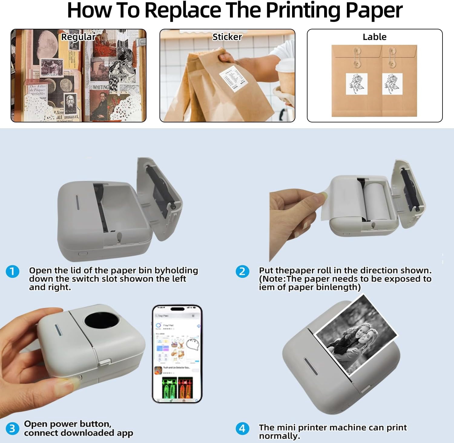 Mini Sticker Printer, Bluetooth Inkless Thermal Printer with 5 Rolls Thermal Paper, Thermal Image Photo Printers for Photo Journal Notes, Compatible with iOS and Android, Printer for Pictures, DIY, L