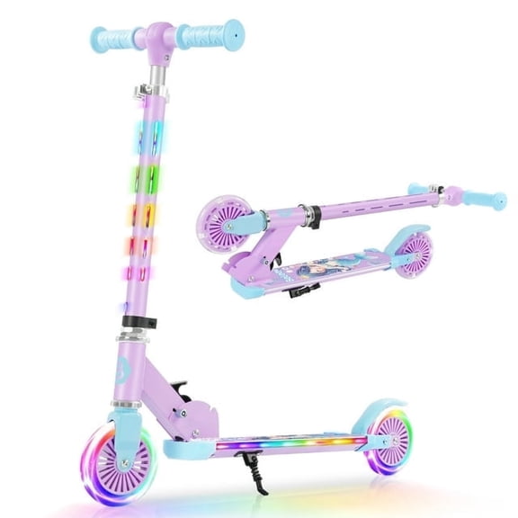 BELEEV Scooter for Kids with Light-Up Wheels, 2 Wheel Folding Scooter for Children, 4 Adjustable Height, Lightweight Kick Scooter with Handy Kickstand for Children Ages 3-12, Purple