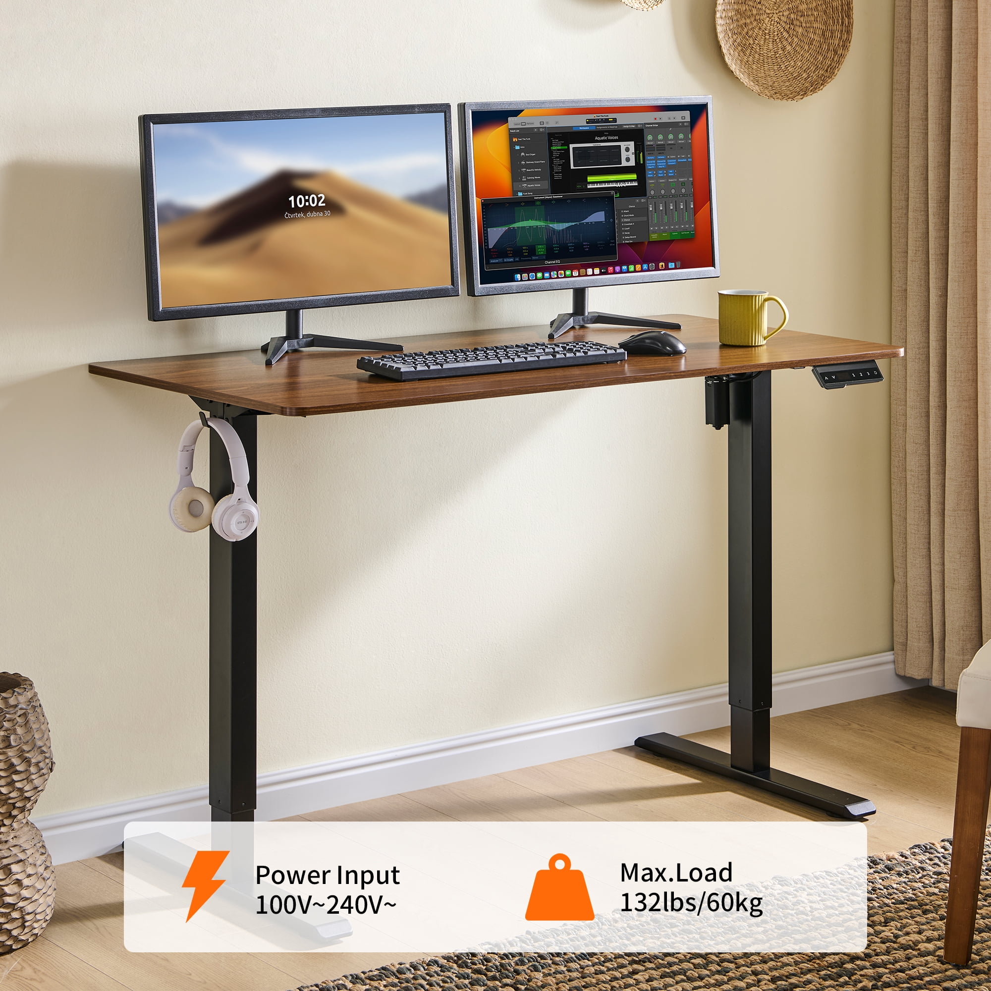 Electric Standing Desk, Adjustable Height Stand up Desk, 24x48 Inches Sit Stand Home Office Desk, Frame/Mahogany Top,Dark Walnut