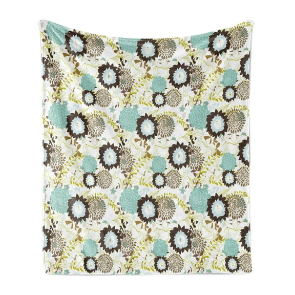 Vintage Soft Flannel Fleece Throw Blanket, Abstract Pattern of Old Fashioned Exotic Flowers Retro Revival Blossoms, Cozy Plush for Indoor and Outdoor Use, 60" x 80", Seafoam Brown Green, by Ambesonne