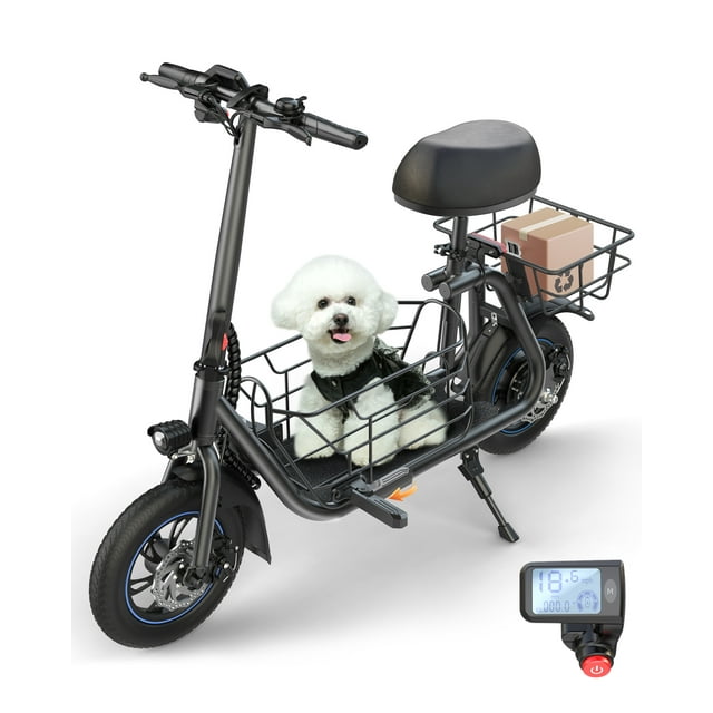 MIHOVER Trottinette Électrique 550W avec Siège pour Adulte, Trottinette Électrique de Navettage 12 Pouces pour Animaux avec Panier avant et Arrière pour Animaux, Siège Plus Grand - jusqu'à 20 Miles 18.6MPH