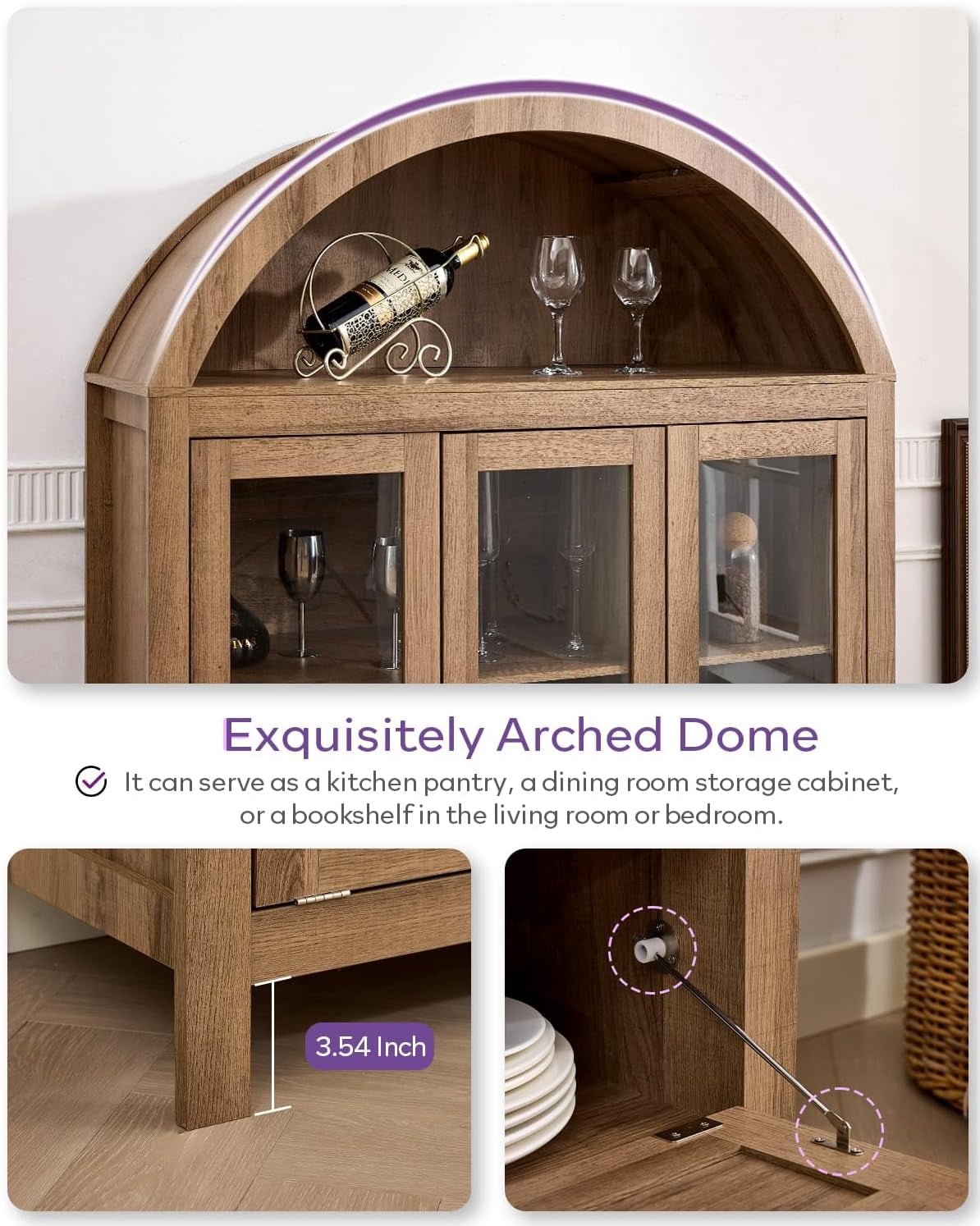LAZZO 75" Arched Pantry Cabinet with Glass Doors, Rattan Drawers and Anti-Tipping Storage Cupboard for Kitchen and Living Room, Natural Wood