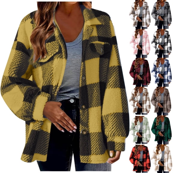 Admvng Women's Plaid Shacket Jacket Plus Size Button Down Lapel CollarLong Sleeve Fall Winter Fuzzy Fleece Flannel Teddy Coat with Pockets