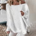 thumbnail image 2 of Uootdi Cold Gift Shoulder Sweaters for Women Fuzzy FleeceTrendy Pearl Decor Loose Long Sleeve Pullover Jumper Tops, 2 of 6
