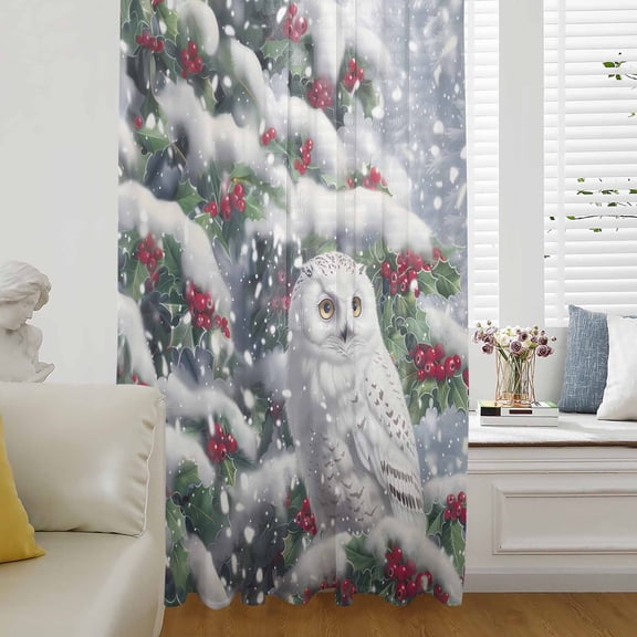 Christmas Owl Semi Sheer Curtains Drapes for Living Room, Bedroom, French Doors Window 72 Inches Long, Xmas Berry Botanical Snowflake Rod Pocket Chiffon Curtain Drapery Voile Draperies Panel
