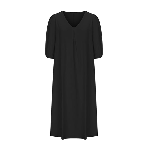 black maxi dress for funeral Finelylove Dresses For Women Summer A-line Regular Short Sleeve Solid Black M 165 cm SIZE XL ladivine How to Dress Like DIM:2/3