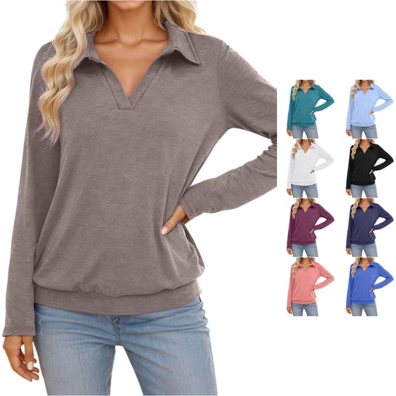 DHFJKG Long Sleeve Polo Shirts For Women Turndown Collar Solid Color Casual Loose Fit Soft Basic Top Casual Daily Wear