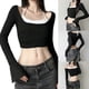 thumbnail image 2 of Women's Long Sleeve Color Blocking T-Shirts 2 Piece Halter Neck Camisole Slim Fit Going Out Crop Tops Fall Clothes black and white L, 2 of 4