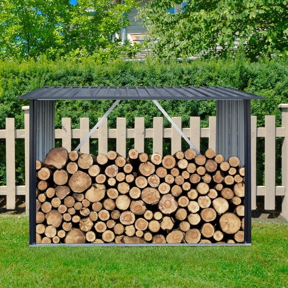 Black Metal Firewood Rack - Outdoor Wood Storage Shed with Sloped Roof - 85.5" x 35.25" - Durable Galvanized Steel for Patio, Deck & Yard Use