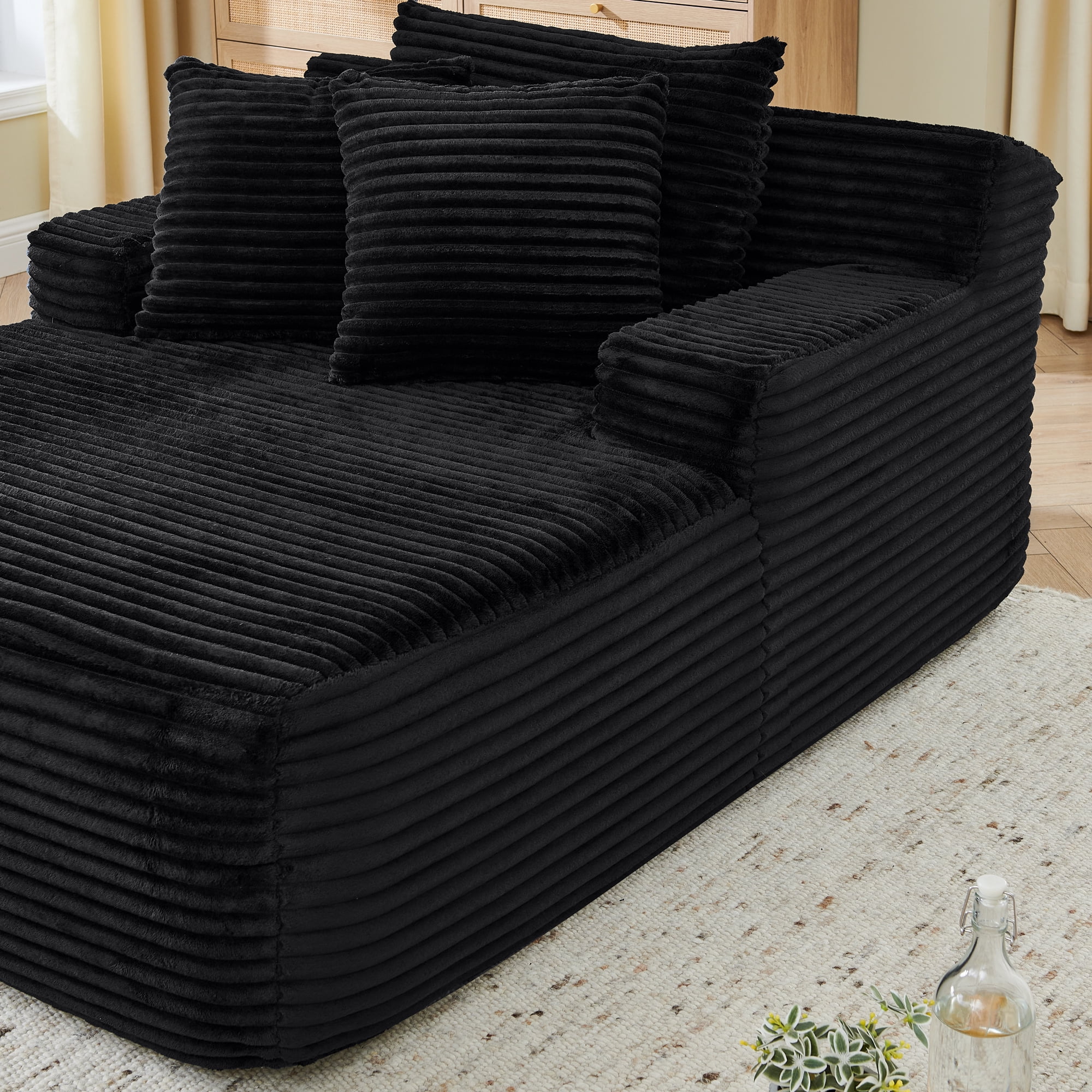 65"Oversized Chaise Lounge Chair Indoor, Cloud-Plush Corduroy Upholstered Sofa Bed with Pillows, Modern Deep Seat Cozy Sleeper Couch for Living Room, No Assembly Required, Black