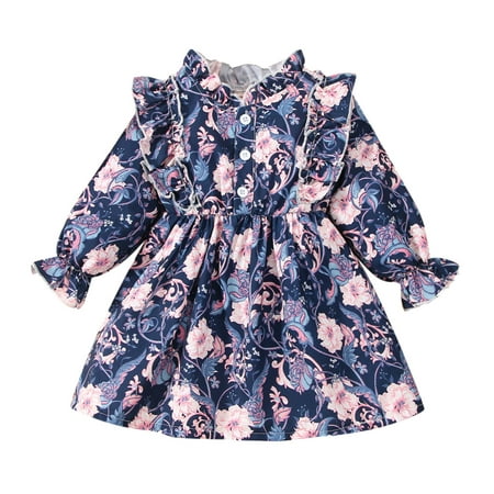 

Kids Baby Birthday Party Dress Toddler Kids Girls Long Sleeve Floral Prints Princess Dress