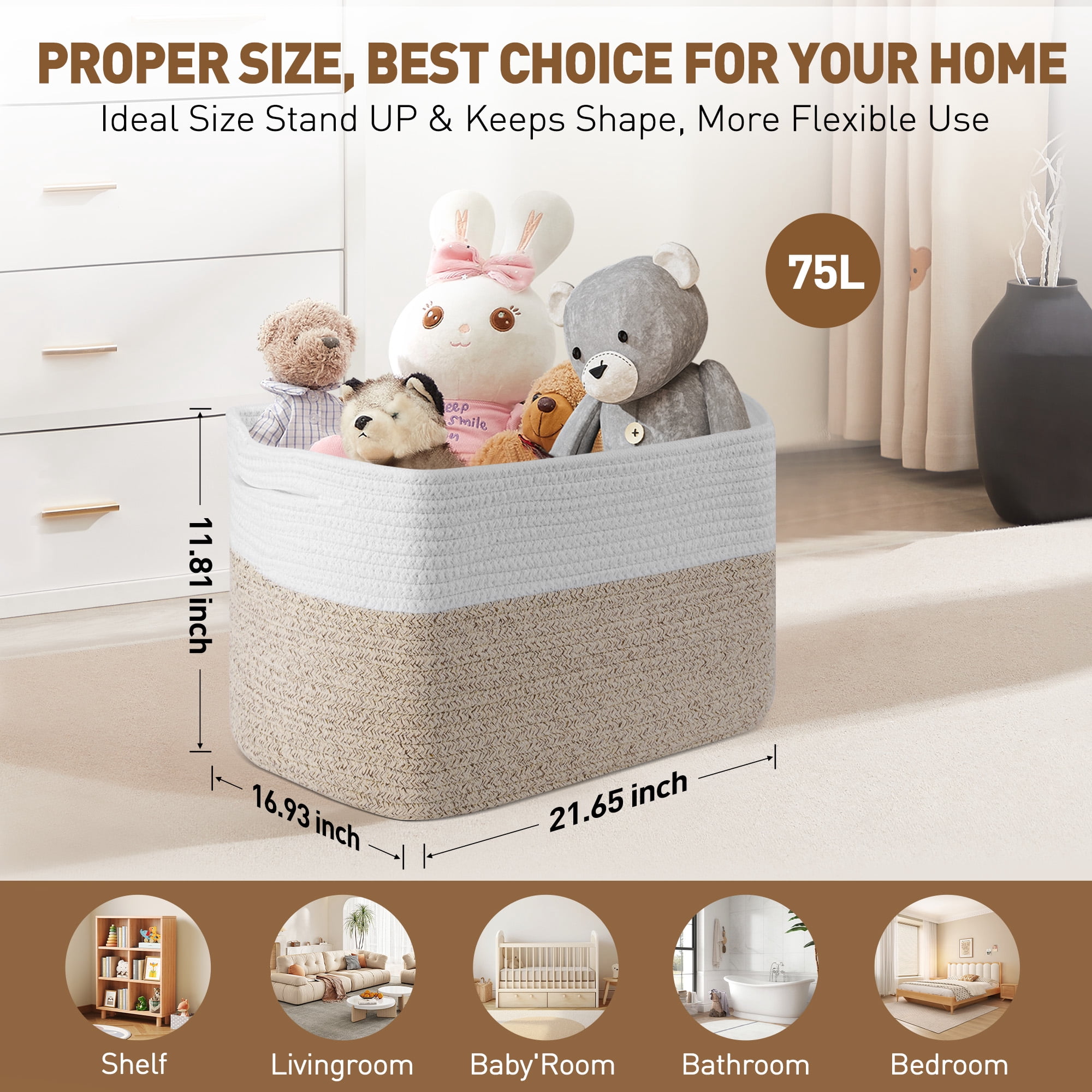 Large Blanket Basket, 22"x12"x17"(75L) Rectangle Woven Baskets for Storage, Cotton Rope Basket For Living Room, Toy Basket with Handle, Basket for Organizing(Brown&White)
