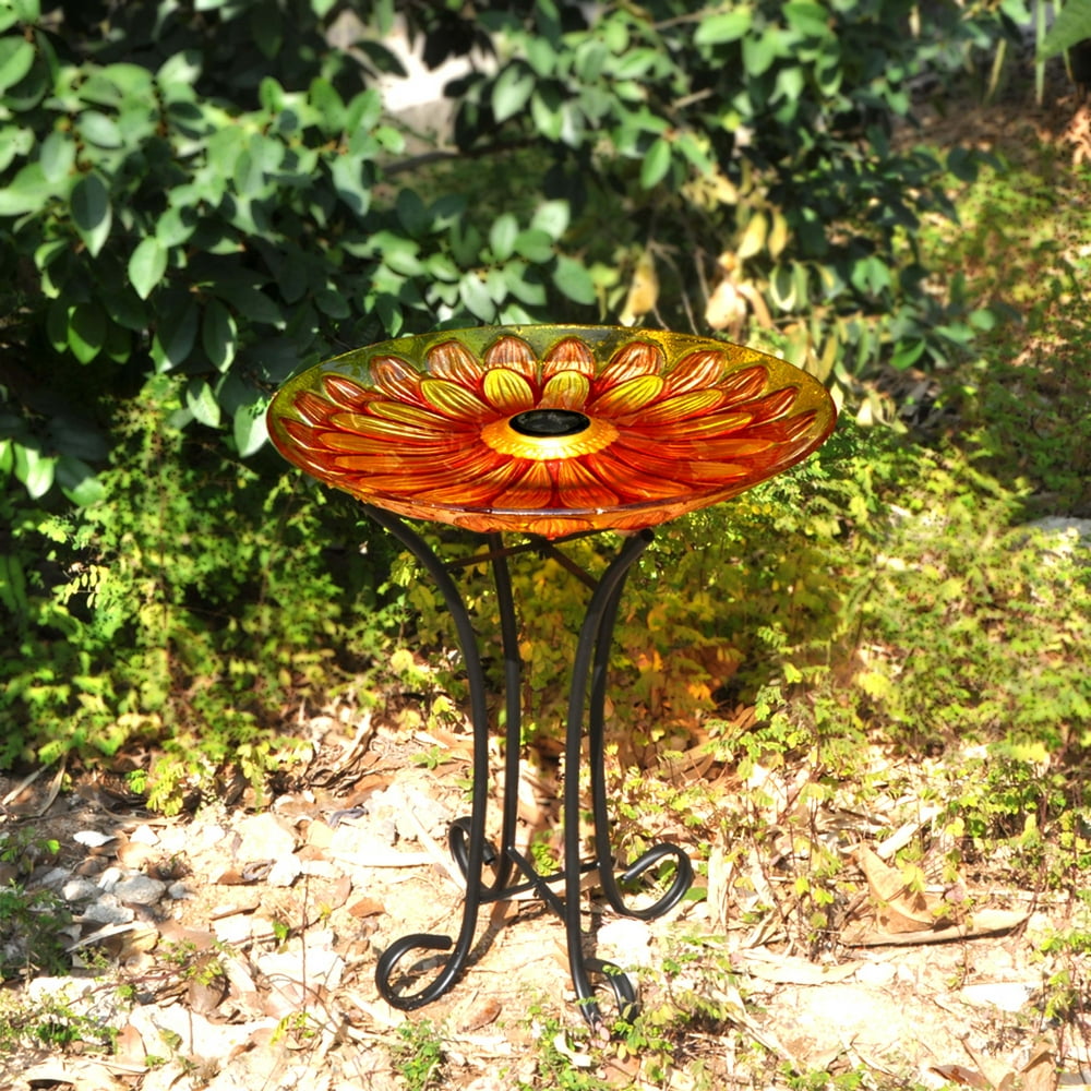 SOLAR FLORAL GLASS BIRD BATH WITH STAND