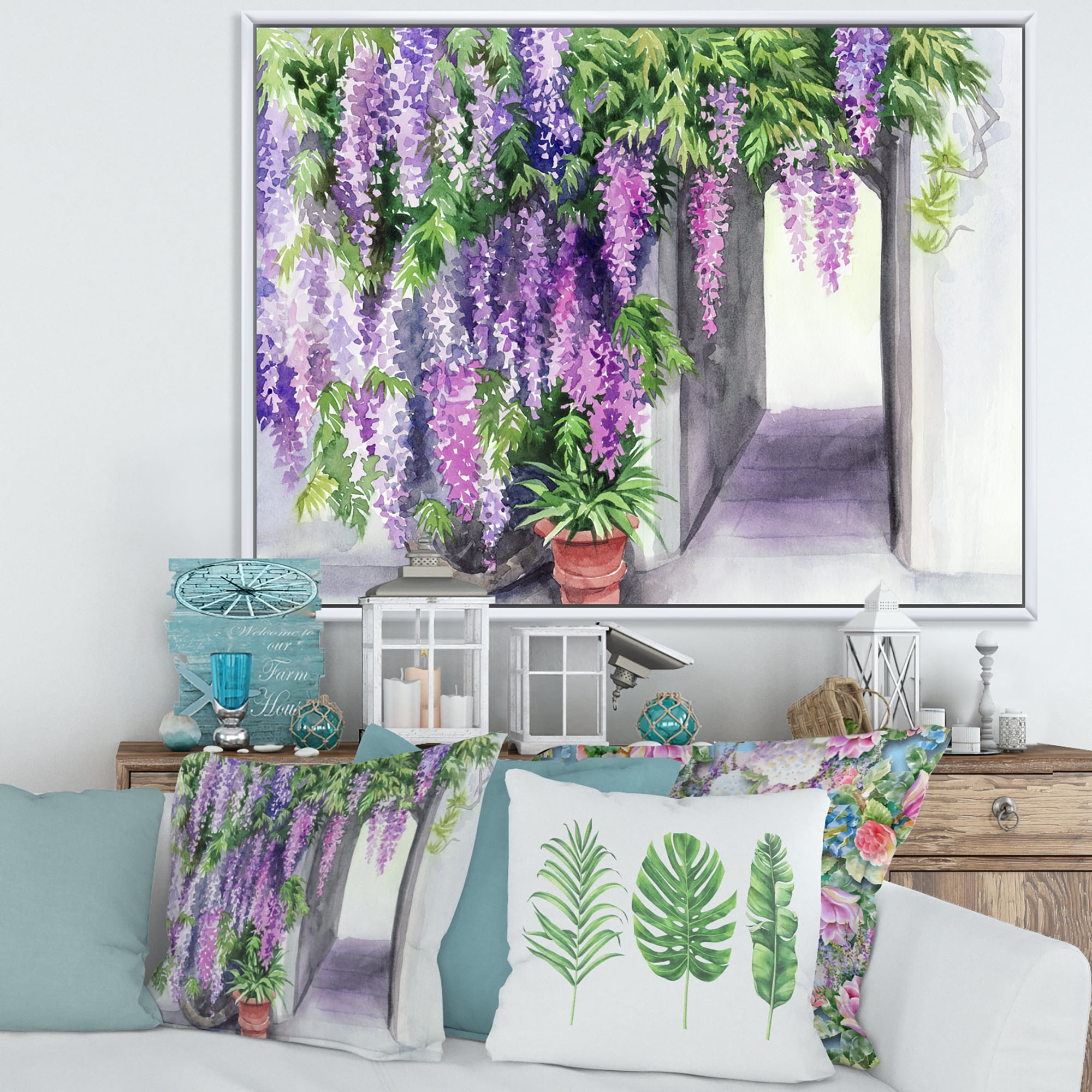 Designart 'Purple Wisteria Blossom' Traditional Framed Canvas Wall Art Print