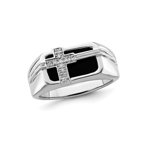 Gem & Harmony Mens Black Onyx Cross Ring in Sterling Silver with Accent Diamonds for Men