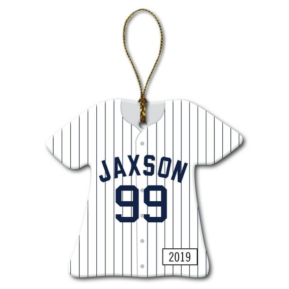 Personalized Baseball Jersey Christmas Tree Ornament, Navy Pinstripes