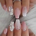 thumbnail image 1 of Uñas postizas cuadradas medianas Uñas postizas de mariposa Acrílico degradado rosa, 1 of 5