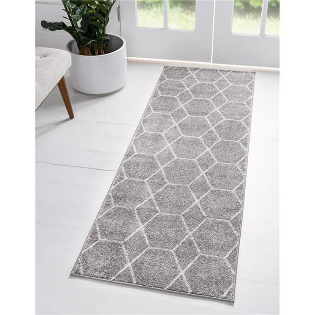 Unique Loom 3146490 2 x 13 ft. Geometric Trellis Frieze Runner Rug, Light Gray