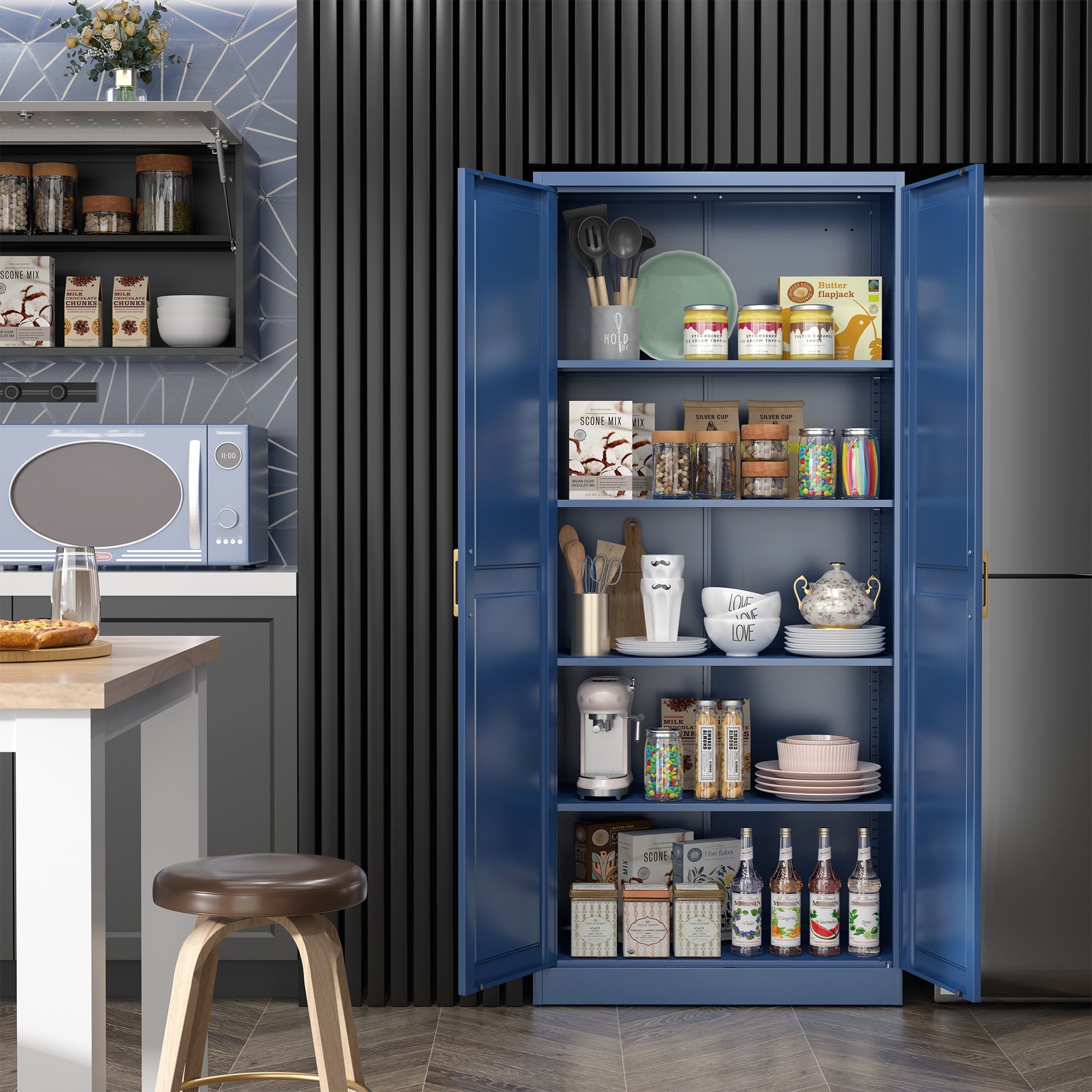 Polup 71" Height Metal Blue Storage Cabinet, Modern Steel Pantry Cupboard with 2 Doors and Adjustable Shelves for Kitchen Garage and Home