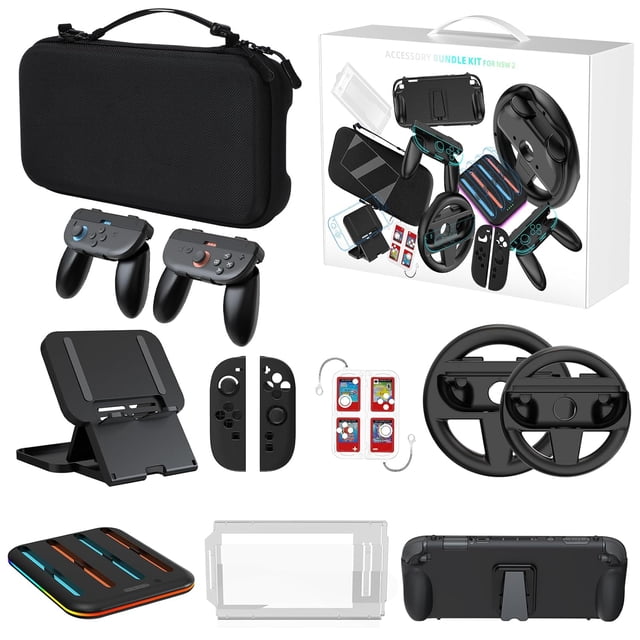 Pack de accesorios 15 en 1 para Nintendo Switch 2 con funda de transporte, carcasa protectora, 2 volantes, base de carga, protector de pantalla, 2 empuñaduras y funda de TPU