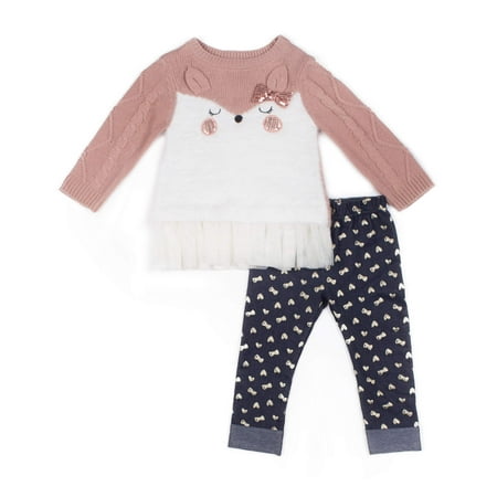 Little Lass Fox Eyelash Sweater & Knit Denim Legging, 2-Piece Outfit Set (Little Girls)