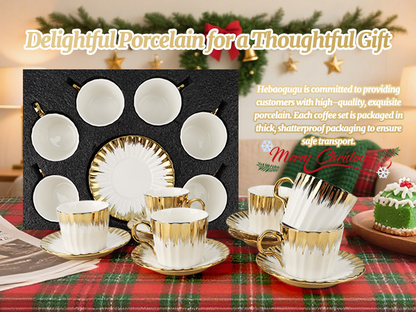 3.2oz Ceramic British Coffee Cup Set of 6, Italian Turkish Cappuccino Cups Porcelain Espresso Cups and Saucers with Gold Trim for Double Espresso Cappuccino Latte Mocha Tea