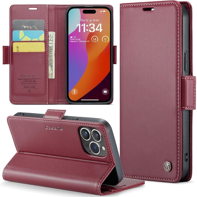 Funda tipo cartera para iPhone 15 Pro con tarjetero, función atril, bloqueo RFID, cierre magnético, protección a prueba de golpes, de piel sintética, con tapa tipo cartera para iPhone 15 Pro