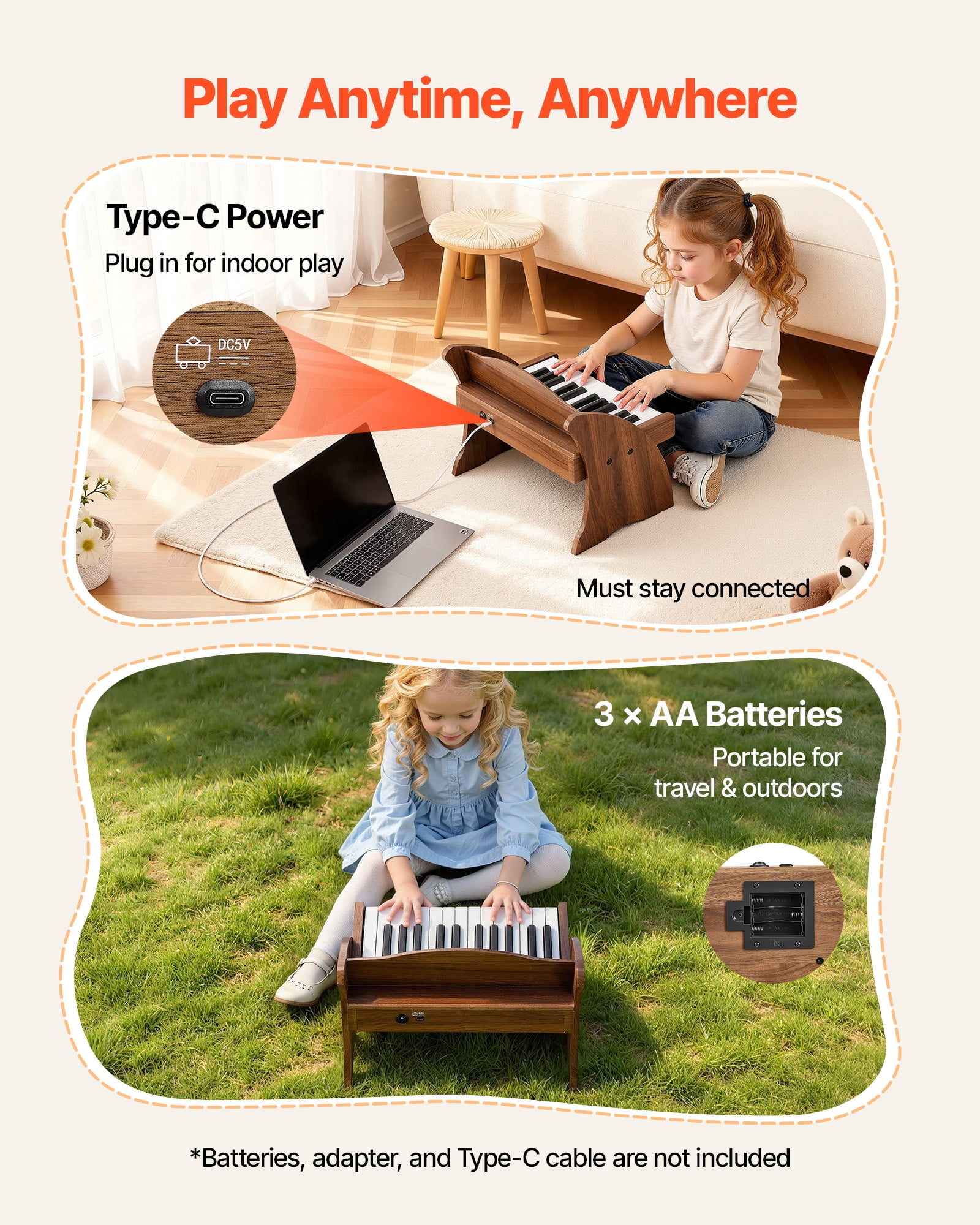 VEVOR Kids Piano Keyboard, 25 Keys Wooden Digital Piano for Kids, Mini Music Educational Instrument Toy with Realistic Sound, Dual Power, Adjustable Volume for Toddlers, Boys Girls Learning, Walnut