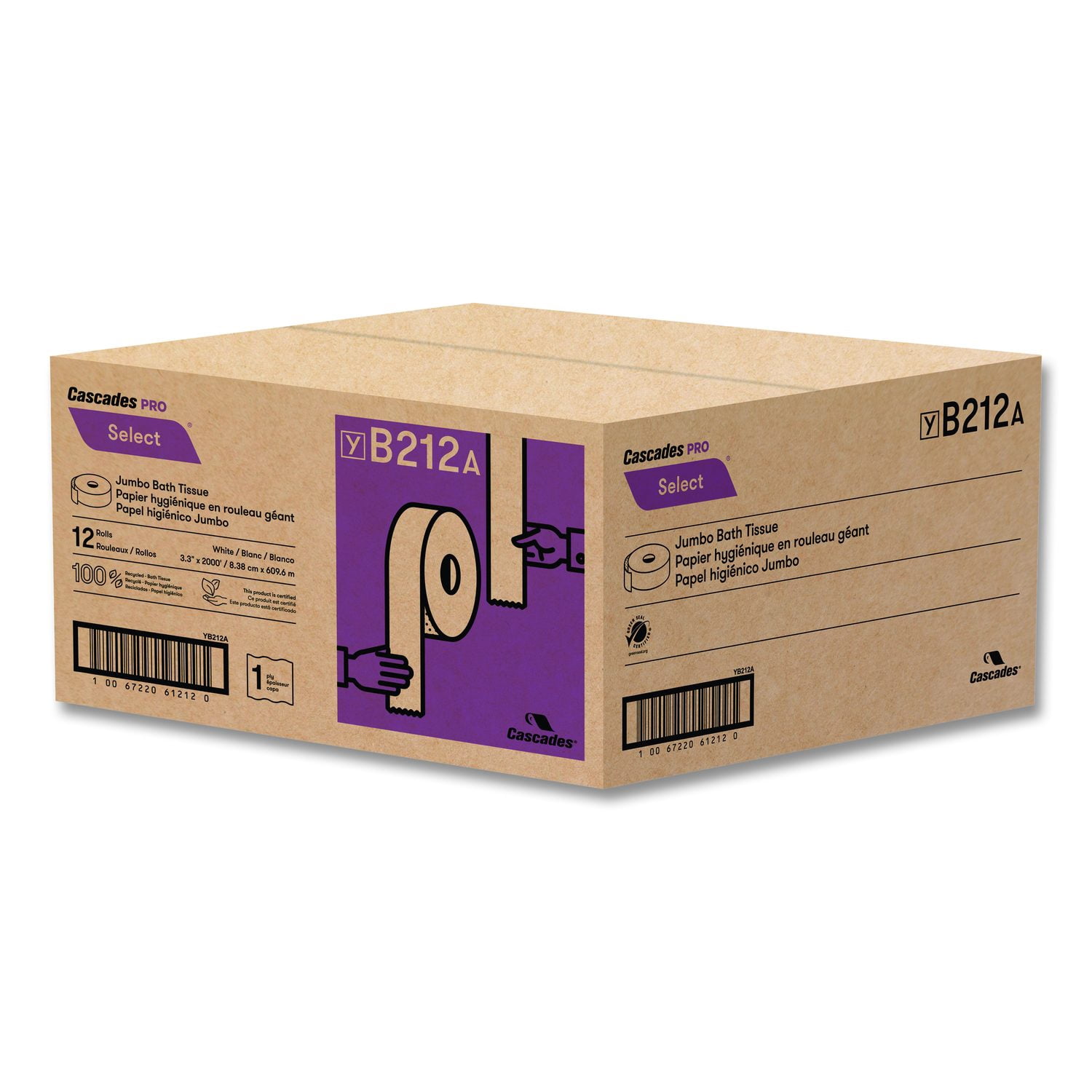 Cascades PRO Select Jumbo Bath Tissue, Septic Safe, 1-Ply, 3.3" x 2,000 ft, White, 12 Rolls/Carton