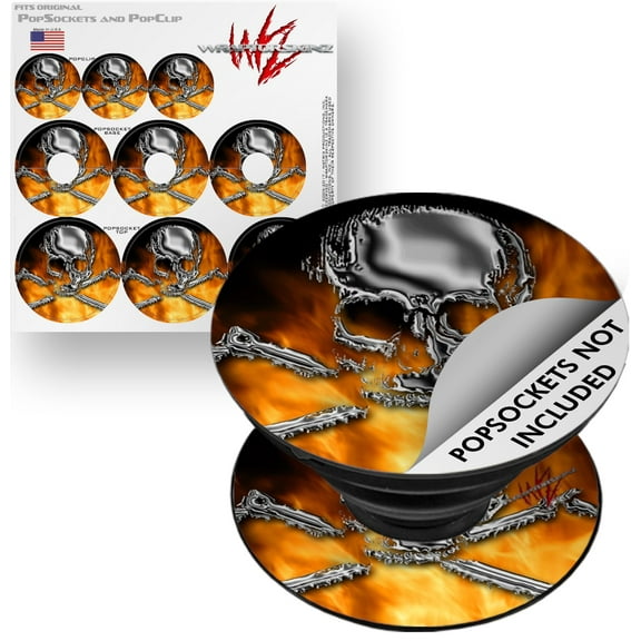 Decal Style Vinyl Skin Wrap 3 Pack for PopSockets Chrome Skull on Fire (POPSOCKET NOT INCLUDED) by WraptorSkinz