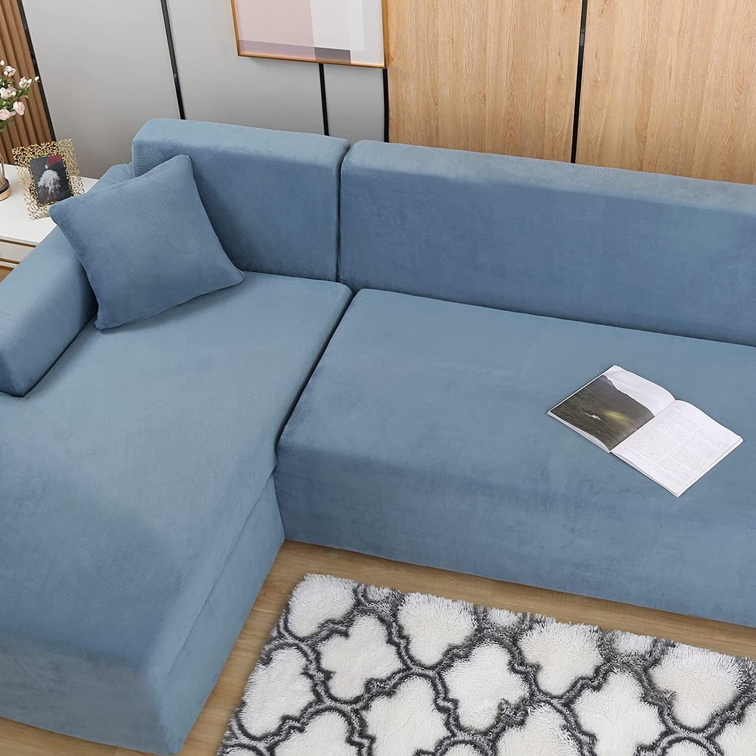 JIAN YA NA Sectional Sofa Slipcovers L Shape Couch Cover,2Pcs Thick Velvet Stretch Anti-Slip Couch Covers for 3 + 3 Seaters Chaise, Furniture Protector Slip Cover for Living Room Dogs  (Gray Blue)