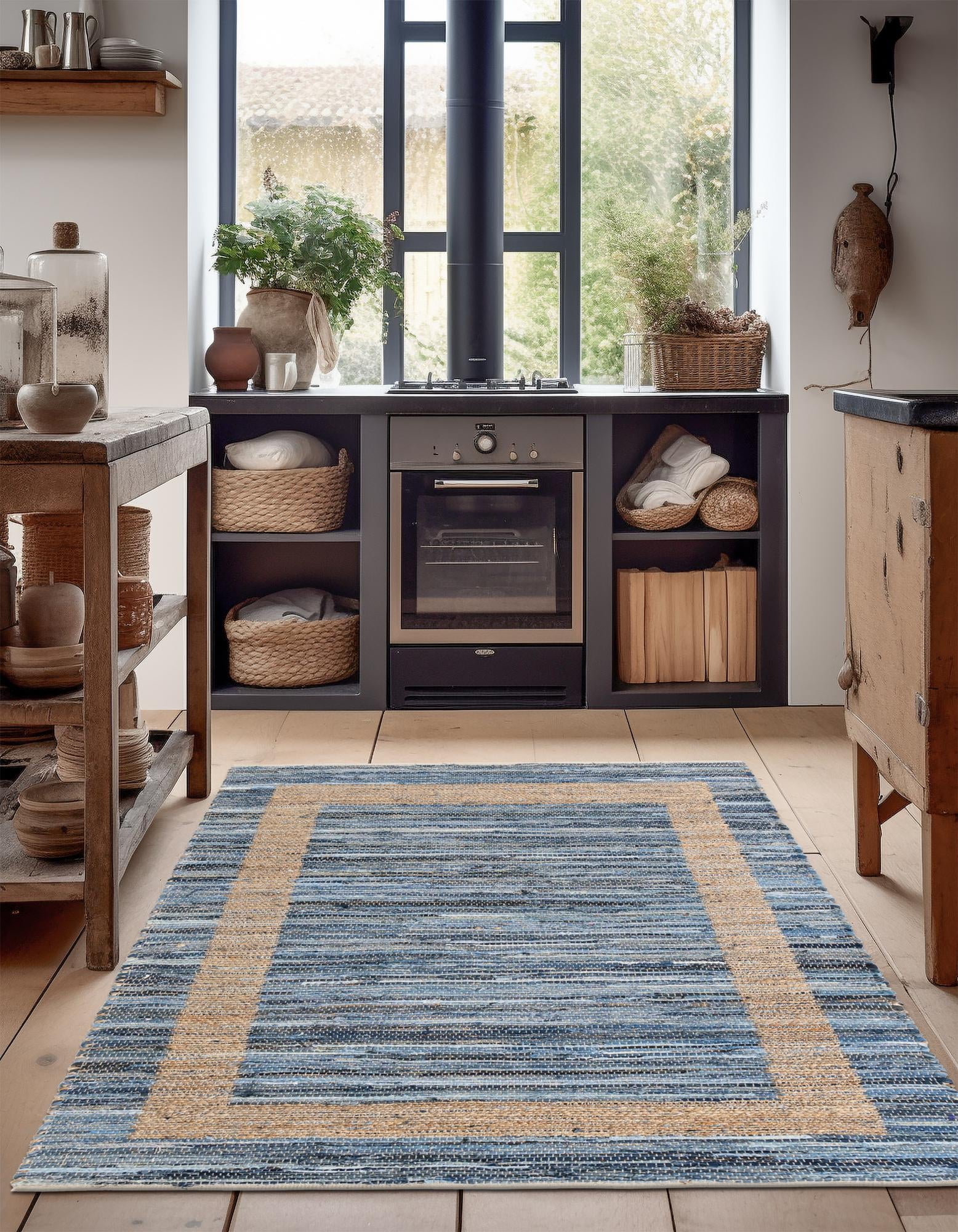 Unique Loom Chindi Jute Collection Area Rug (5' 1" x 8' Rectangle Navy Blue/Natural)