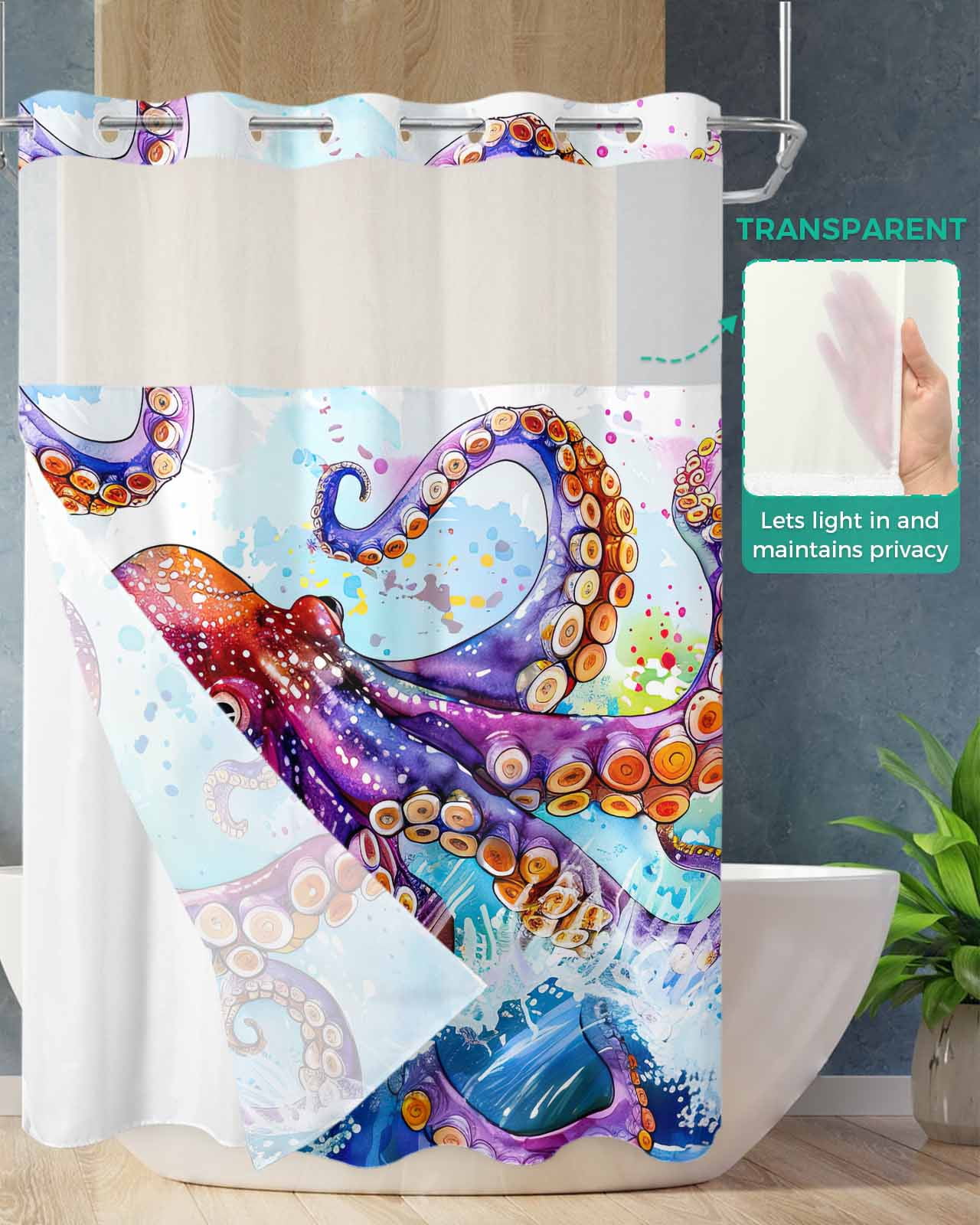 No Hook Shower Curtain with Snap in Liner, Watercolor Summer Ocean Octopus with Ocean Wave Hotel Shower Curtains for Bathroom, Washable Shower Curtain Liner Set with Mesh Top Window, 72"x84"