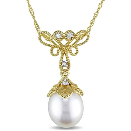 Miabella 9-9.5mm Cultured Freshwater Pearl and Diamond-Accent 14kt Yellow Gold Floral Pendant, 17