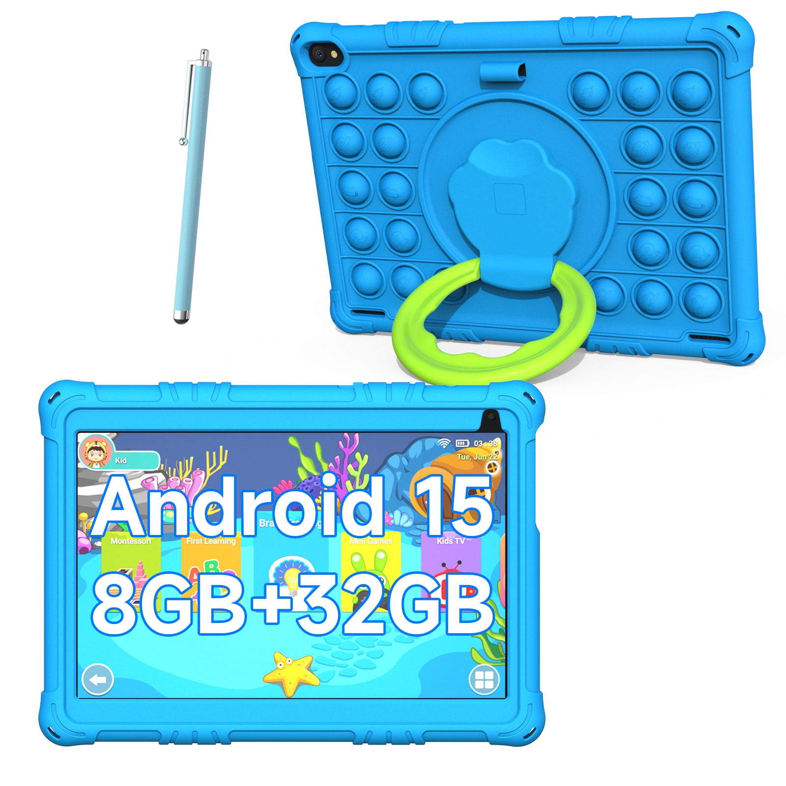 Android 15 Kids Tablet, 10 inch Tablet for Kids, 8GB RAM 32GB ROM 1TB Expand, Toddler Tablet with Parental Control, IPS Screen, Dual Camera, Educational, Games, Shockproof Case for Boys, Blue