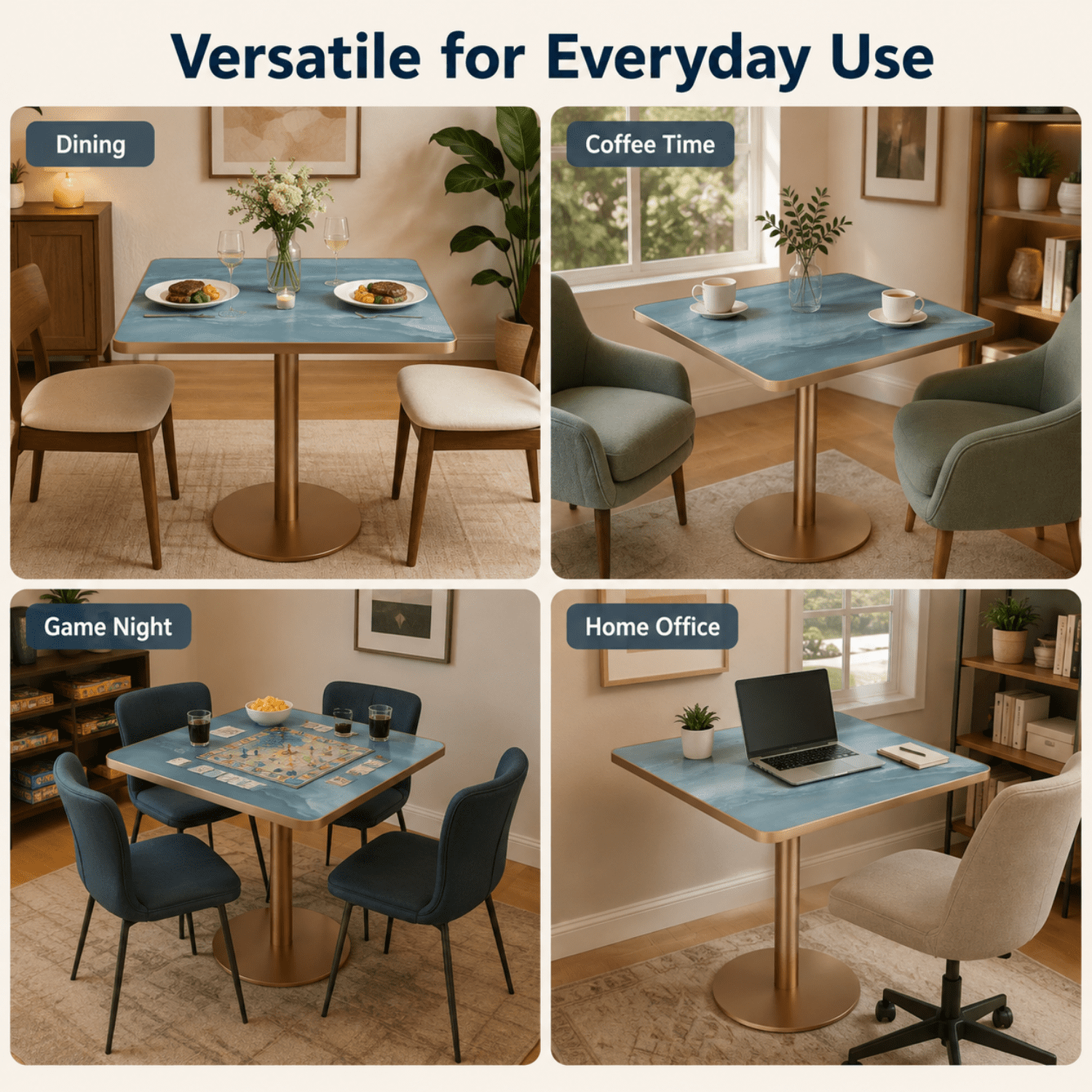 Miniyam 31.5 in Square Dining Table for 2-4, Marble-Look Sintered Stone Top, Stainless Steel Pedestal Base for Small Space, Teal