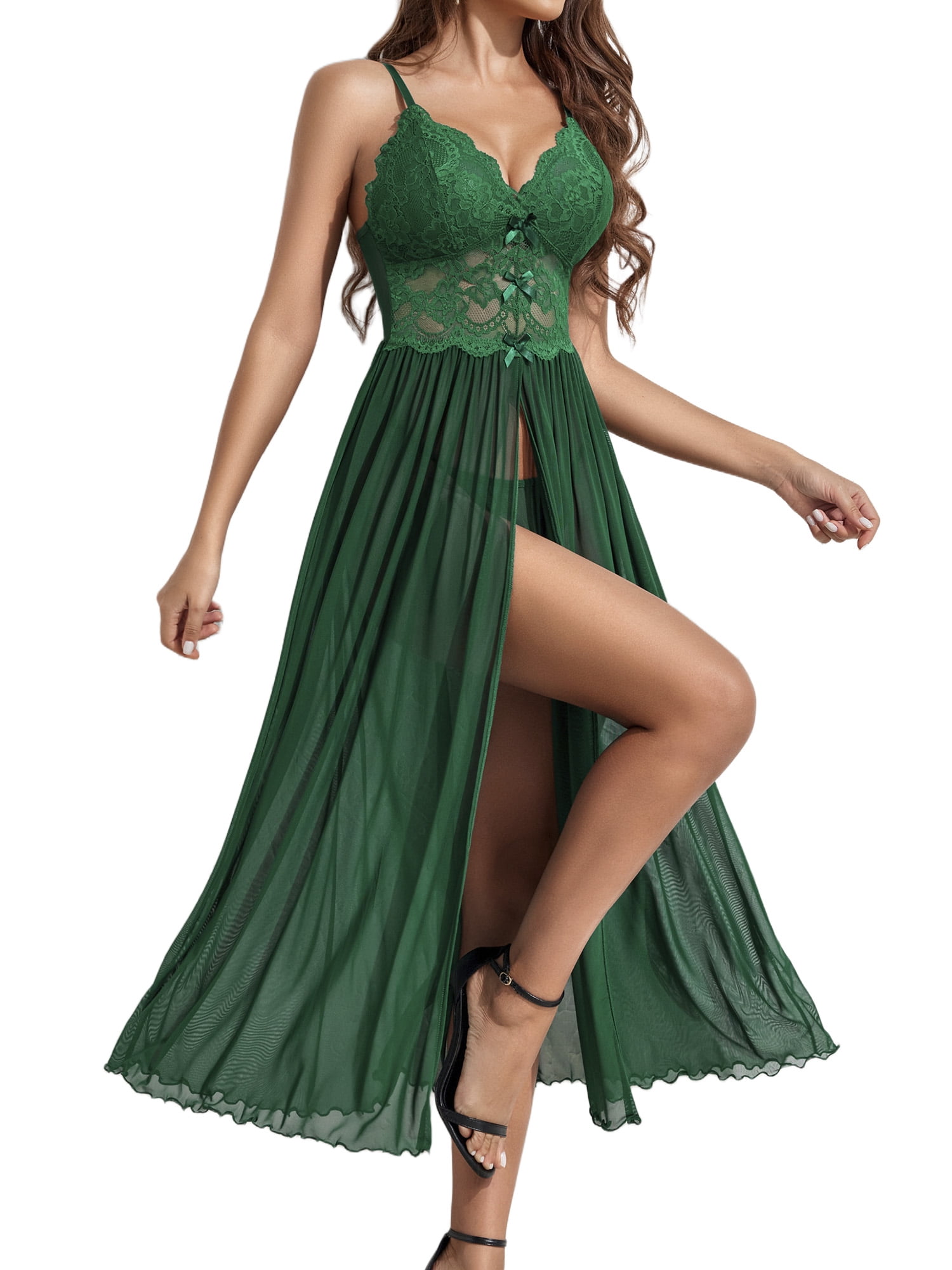 Avidlove Women Lingerie Lace Chemise Sexy Mesh Nightdress V Neck Nightwear Split Nightgown S-XXL
