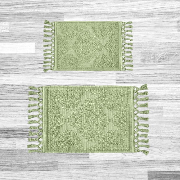 Jean Pierre – Tapis de Bain Ricardo, Ensemble de 2 Tapis de Salle de Bain Tissés à Franges, 100 % Coton, Déco de Salle de Bain Haut de Gamme - Mesure 17 Pouces x 31 Pouces et 21” x 41” - Vert Sauge